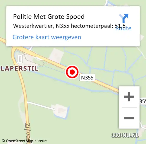 Locatie op kaart van de 112 melding: Politie Met Grote Spoed Naar Westerkwartier, N355 hectometerpaal: 51,5 op 22 december 2022 17:28