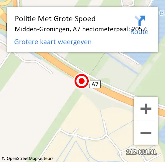 Locatie op kaart van de 112 melding: Politie Met Grote Spoed Naar Midden-Groningen, A7 hectometerpaal: 205,6 op 28 december 2022 11:53