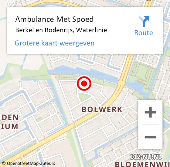 Locatie op kaart van de 112 melding: Ambulance Met Spoed Naar Berkel en Rodenrijs, Waterlinie op 24 januari 2023 03:57