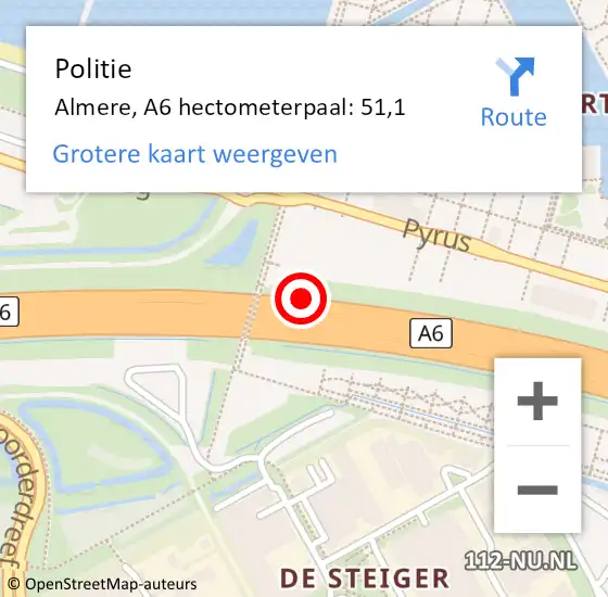 Locatie op kaart van de 112 melding: Politie Almere, A6 hectometerpaal: 51,1 op 6 februari 2023 16:51