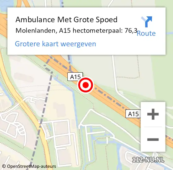 Locatie op kaart van de 112 melding: Ambulance Met Grote Spoed Naar Molenlanden, A15 hectometerpaal: 76,3 op 5 maart 2023 04:45