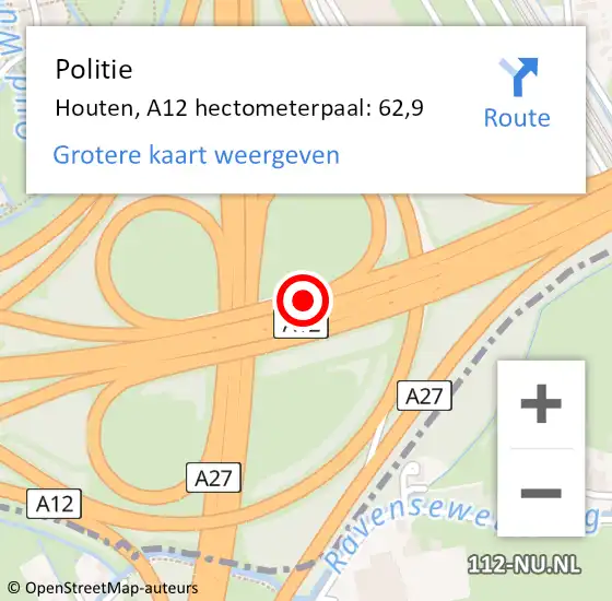 Locatie op kaart van de 112 melding: Politie Houten, A12 hectometerpaal: 62,9 op 5 april 2023 22:43