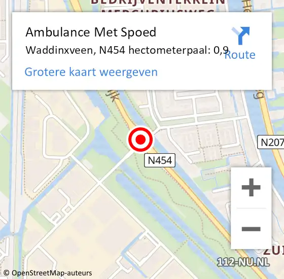 Locatie op kaart van de 112 melding: Ambulance Met Spoed Naar Waddinxveen, N454 hectometerpaal: 0,9 op 11 april 2023 02:30