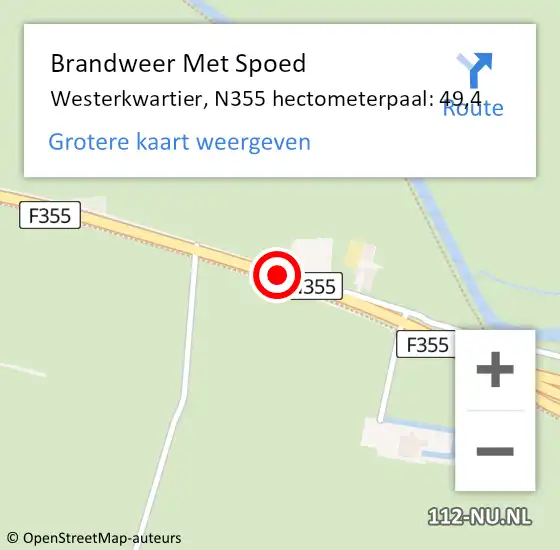 Locatie op kaart van de 112 melding: Brandweer Met Spoed Naar Westerkwartier, N355 hectometerpaal: 49,4 op 11 april 2023 20:29