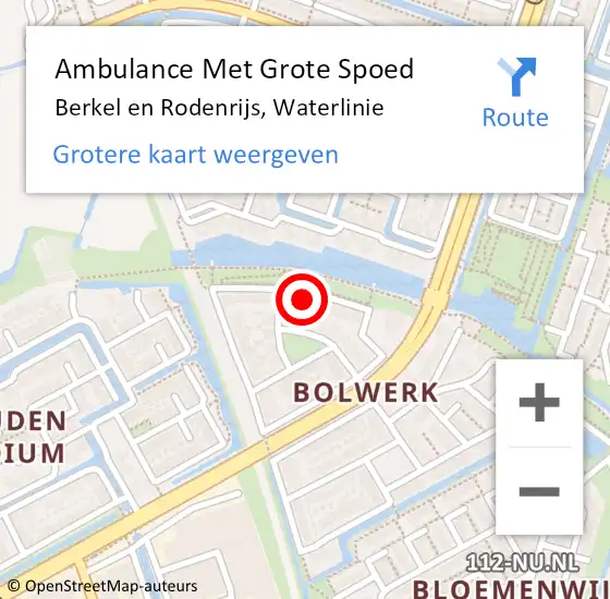 Locatie op kaart van de 112 melding: Ambulance Met Grote Spoed Naar Berkel en Rodenrijs, Waterlinie op 19 april 2023 14:04