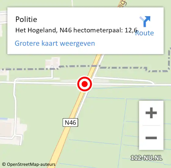 Locatie op kaart van de 112 melding: Politie Het Hogeland, N46 hectometerpaal: 12,6 op 12 mei 2023 16:56