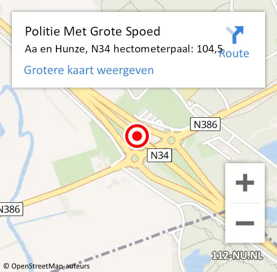 Locatie op kaart van de 112 melding: Politie Met Grote Spoed Naar Aa en Hunze, N34 hectometerpaal: 104,5 op 15 mei 2023 16:03