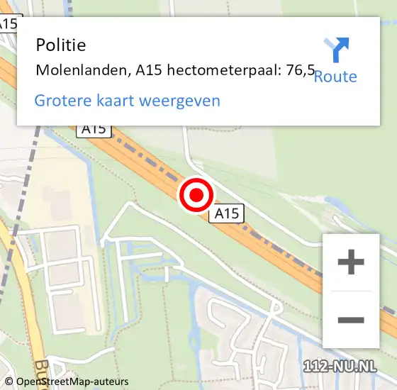 Locatie op kaart van de 112 melding: Politie Molenlanden, A15 hectometerpaal: 76,5 op 16 mei 2023 08:21
