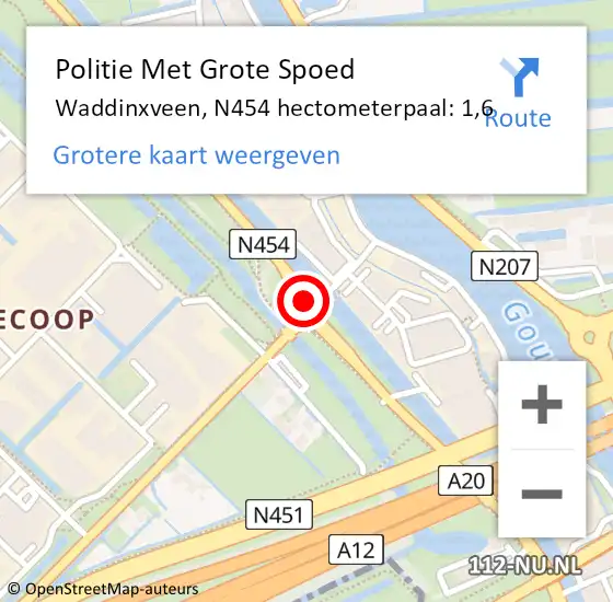 Locatie op kaart van de 112 melding: Politie Met Grote Spoed Naar Waddinxveen, N454 hectometerpaal: 1,6 op 24 mei 2023 09:01