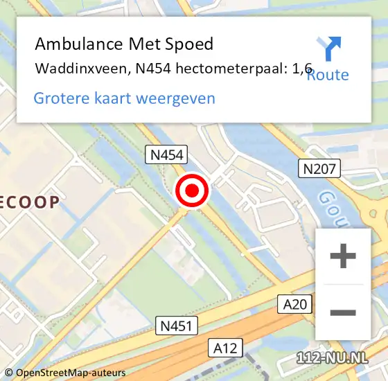 Locatie op kaart van de 112 melding: Ambulance Met Spoed Naar Waddinxveen, N454 hectometerpaal: 1,6 op 24 mei 2023 09:06