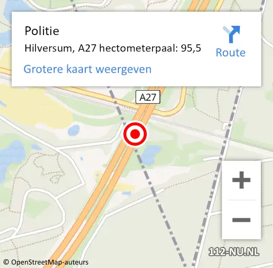 Locatie op kaart van de 112 melding: Politie Hilversum, A27 hectometerpaal: 95,5 op 26 mei 2023 15:53