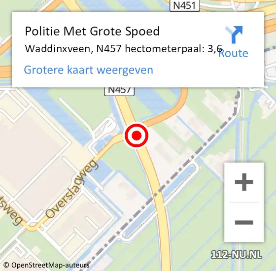 Locatie op kaart van de 112 melding: Politie Met Grote Spoed Naar Waddinxveen, N457 hectometerpaal: 3,6 op 12 juni 2023 14:21