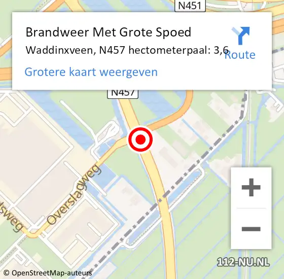 Locatie op kaart van de 112 melding: Brandweer Met Grote Spoed Naar Waddinxveen, N457 hectometerpaal: 3,6 op 12 juni 2023 14:22