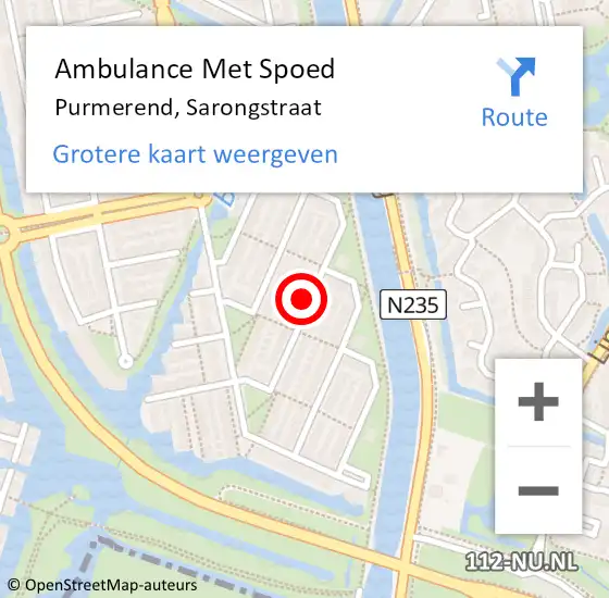 Locatie op kaart van de 112 melding: Ambulance Met Spoed Naar Purmerend, Sarongstraat op 16 juni 2023 07:27