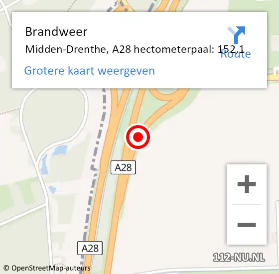 Locatie op kaart van de 112 melding: Brandweer Midden-Drenthe, A28 hectometerpaal: 152,1 op 22 juni 2023 18:14