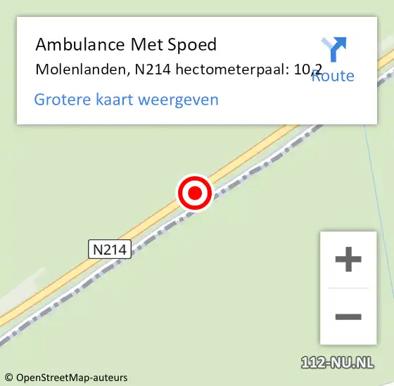Locatie op kaart van de 112 melding: Ambulance Met Spoed Naar Molenlanden, N214 hectometerpaal: 10,2 op 23 juni 2023 07:37
