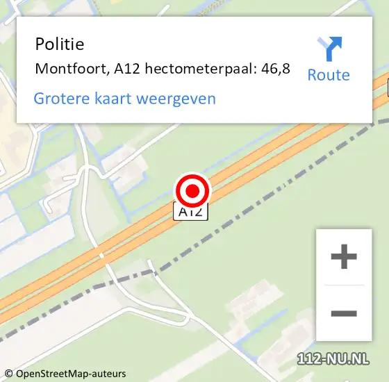 Locatie op kaart van de 112 melding: Politie Montfoort, A12 hectometerpaal: 46,8 op 2 juli 2023 12:09