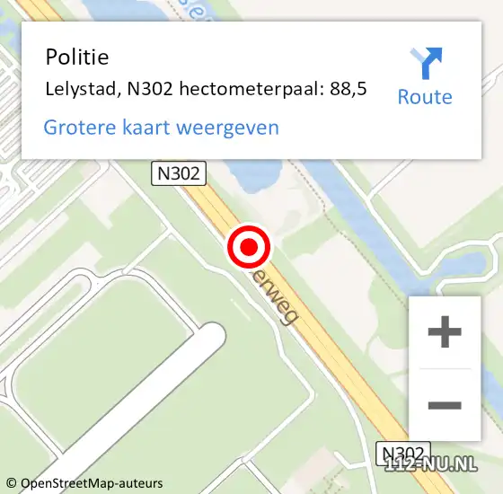 Locatie op kaart van de 112 melding: Politie Lelystad, N302 hectometerpaal: 88,5 op 7 juli 2023 00:36