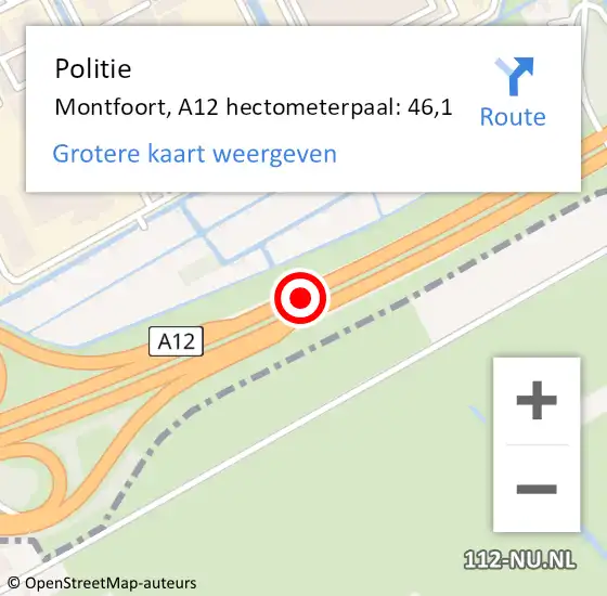Locatie op kaart van de 112 melding: Politie Montfoort, A12 hectometerpaal: 46,1 op 8 juli 2023 17:30