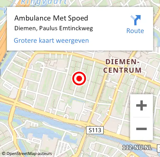 Locatie op kaart van de 112 melding: Ambulance Met Spoed Naar Diemen, Paulus Emtinckweg op 9 juli 2023 12:45