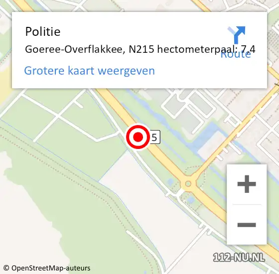 Locatie op kaart van de 112 melding: Politie Goeree-Overflakkee, N215 hectometerpaal: 7,4 op 10 juli 2023 10:32