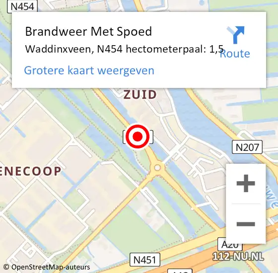 Locatie op kaart van de 112 melding: Brandweer Met Spoed Naar Waddinxveen, N454 hectometerpaal: 1,5 op 16 juli 2023 10:56