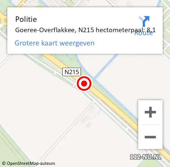Locatie op kaart van de 112 melding: Politie Goeree-Overflakkee, N215 hectometerpaal: 8,1 op 18 juli 2023 13:56
