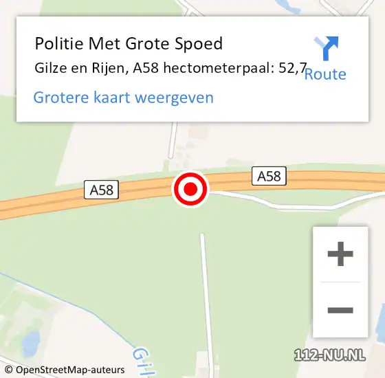 Locatie op kaart van de 112 melding: Politie Met Grote Spoed Naar Gilze en Rijen, A58 hectometerpaal: 52,7 op 21 juli 2023 10:33