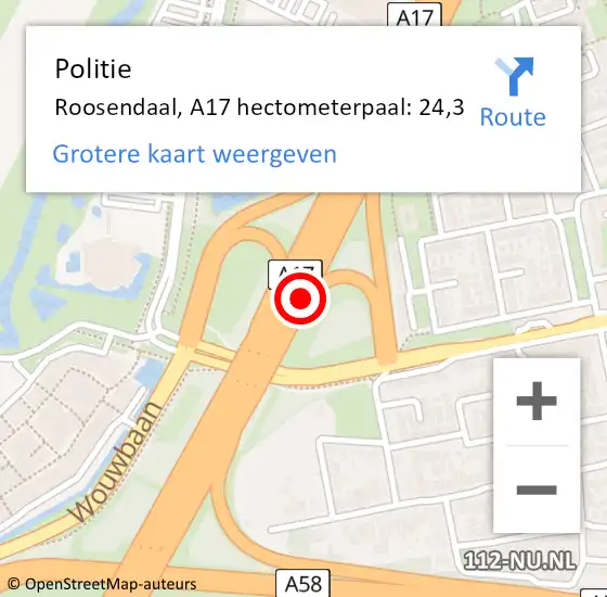 Locatie op kaart van de 112 melding: Politie Roosendaal, A17 hectometerpaal: 24,3 op 22 juli 2023 13:10