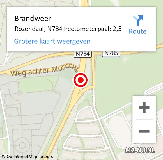 Locatie op kaart van de 112 melding: Brandweer Rozendaal, N784 hectometerpaal: 2,5 op 23 juli 2023 13:40