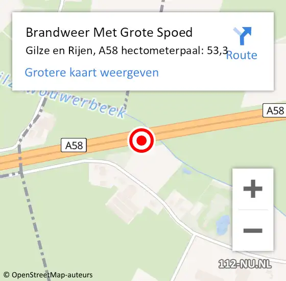 Locatie op kaart van de 112 melding: Brandweer Met Grote Spoed Naar Gilze en Rijen, A58 hectometerpaal: 53,3 op 6 augustus 2023 03:27