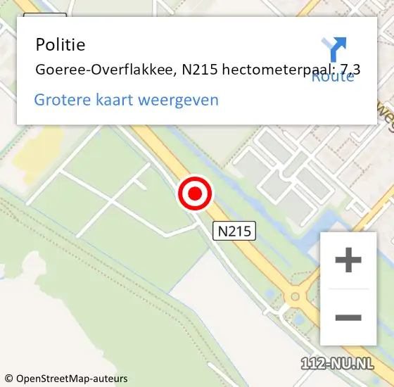 Locatie op kaart van de 112 melding: Politie Goeree-Overflakkee, N215 hectometerpaal: 7,3 op 8 augustus 2023 18:13