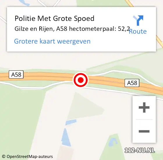 Locatie op kaart van de 112 melding: Politie Met Grote Spoed Naar Gilze en Rijen, A58 hectometerpaal: 52,2 op 17 augustus 2023 18:11