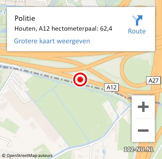Locatie op kaart van de 112 melding: Politie Houten, A12 hectometerpaal: 62,4 op 20 augustus 2023 23:01
