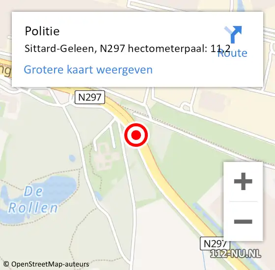 Locatie op kaart van de 112 melding: Politie Sittard-Geleen, N297 hectometerpaal: 11,2 op 22 augustus 2023 14:15