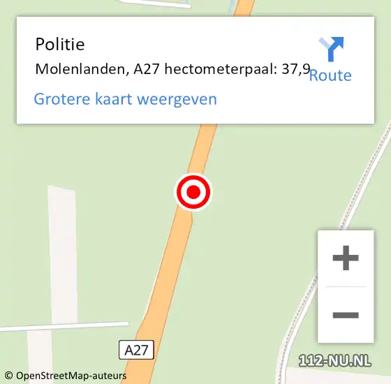 Locatie op kaart van de 112 melding: Politie Molenlanden, A27 hectometerpaal: 37,9 op 4 september 2023 08:40