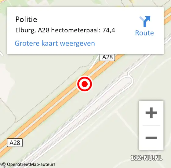 Locatie op kaart van de 112 melding: Politie Elburg, A28 hectometerpaal: 74,4 op 15 september 2023 09:11