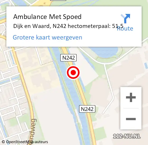 Locatie op kaart van de 112 melding: Ambulance Met Spoed Naar Dijk en Waard, N242 hectometerpaal: 51,5 op 17 september 2023 14:57