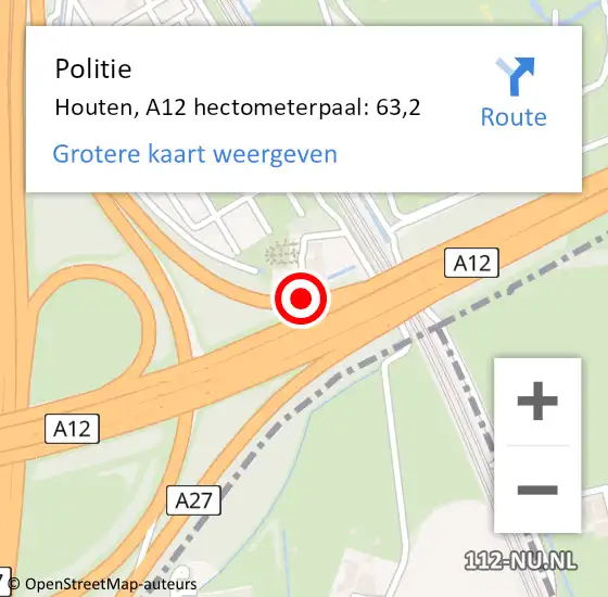 Locatie op kaart van de 112 melding: Politie Houten, A12 hectometerpaal: 63,2 op 22 september 2023 14:26