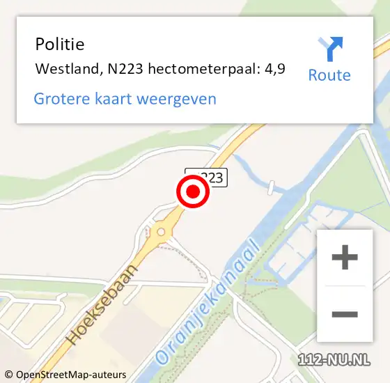 Locatie op kaart van de 112 melding: Politie Westland, N223 hectometerpaal: 4,9 op 22 september 2023 20:36