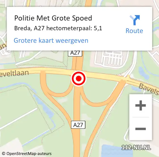 Locatie op kaart van de 112 melding: Politie Met Grote Spoed Naar Breda, A27 hectometerpaal: 5,1 op 29 september 2023 13:00