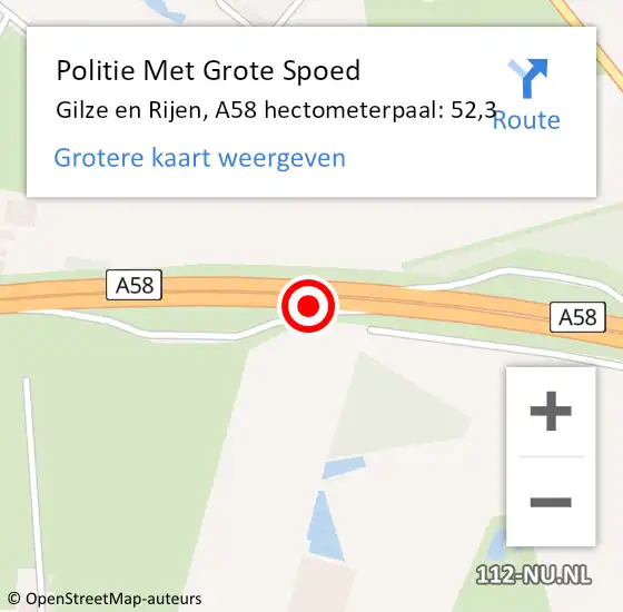 Locatie op kaart van de 112 melding: Politie Met Grote Spoed Naar Gilze en Rijen, A58 hectometerpaal: 52,3 op 30 september 2023 01:43