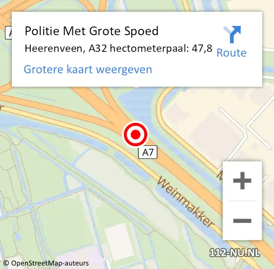 Locatie op kaart van de 112 melding: Politie Met Grote Spoed Naar Heerenveen, A32 hectometerpaal: 47,8 op 8 oktober 2023 22:13