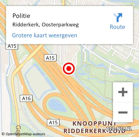 Locatie op kaart van de 112 melding: Politie Ridderkerk, Oosterparkweg op 11 oktober 2023 18:29
