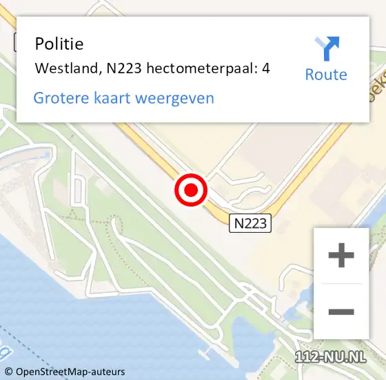 Locatie op kaart van de 112 melding: Politie Westland, N223 hectometerpaal: 4 op 12 oktober 2023 22:05