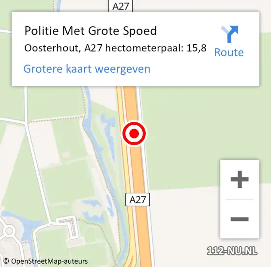 Locatie op kaart van de 112 melding: Politie Met Grote Spoed Naar Oosterhout, A27 hectometerpaal: 15,8 op 14 oktober 2023 15:06