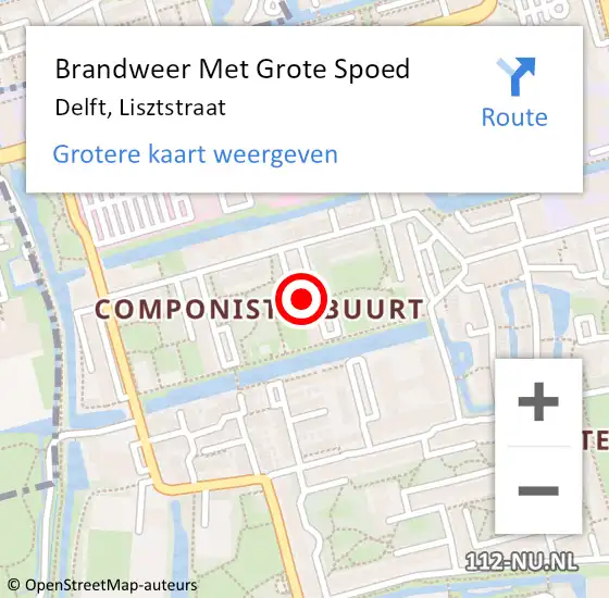 Locatie op kaart van de 112 melding: Brandweer Met Grote Spoed Naar Delft, Lisztstraat op 21 oktober 2023 05:06