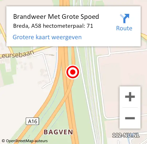 Locatie op kaart van de 112 melding: Brandweer Met Grote Spoed Naar Breda, A58 hectometerpaal: 71 op 22 oktober 2023 22:33