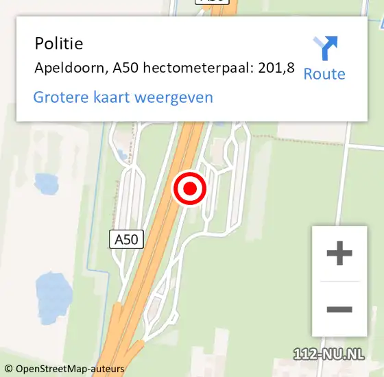Locatie op kaart van de 112 melding: Politie Apeldoorn, A50 hectometerpaal: 201,8 op 23 oktober 2023 13:55