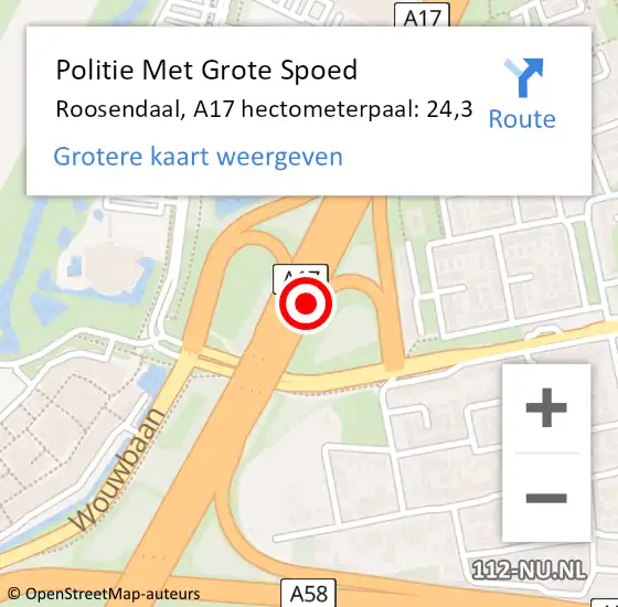 Locatie op kaart van de 112 melding: Politie Met Grote Spoed Naar Roosendaal, A17 hectometerpaal: 24,3 op 26 oktober 2023 08:50